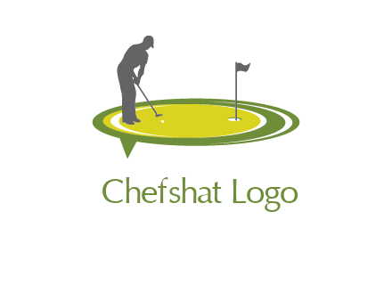 man playing golf on turf with flag logo