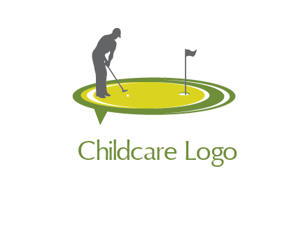 man playing golf on turf with flag logo