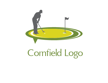 man playing golf on turf with flag logo