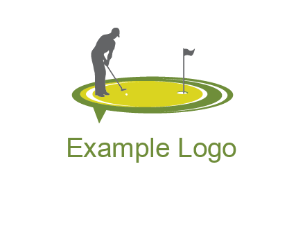 man playing golf on turf with flag logo