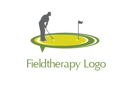 man playing golf on turf with flag logo