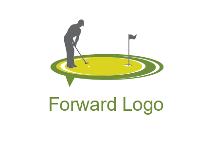 man playing golf on turf with flag logo