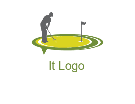 man playing golf on turf with flag logo