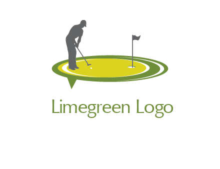 man playing golf on turf with flag logo