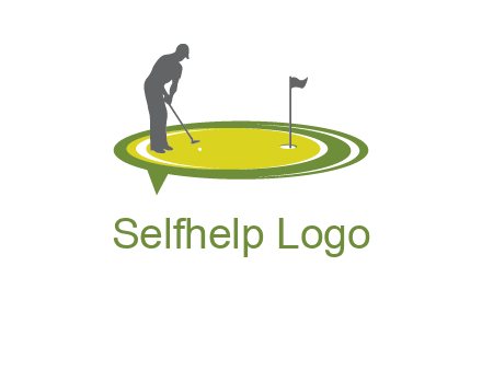 man playing golf on turf with flag logo