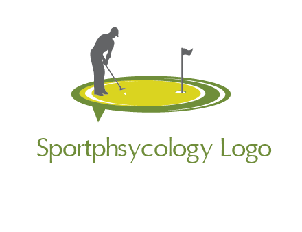 man playing golf on turf with flag logo