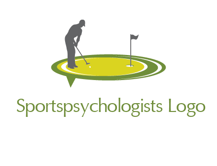 man playing golf on turf with flag logo