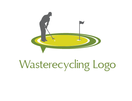 man playing golf on turf with flag logo