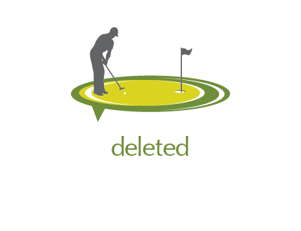 man playing golf on turf with flag logo