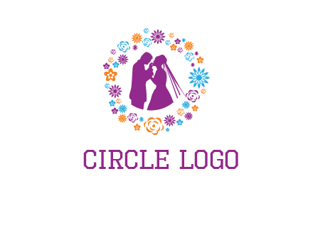 bride and groom in circle frame with flowers logo