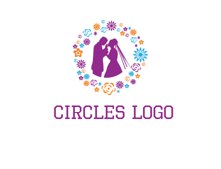 bride and groom in circle frame with flowers logo