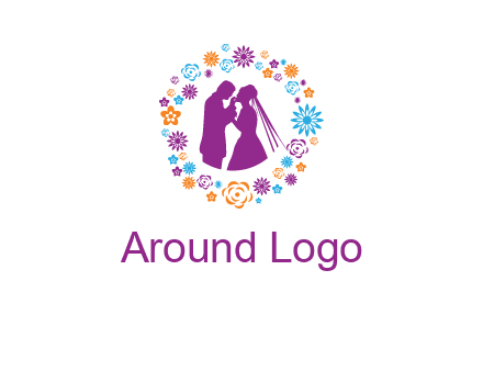 bride and groom in circle frame with flowers logo