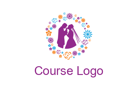 bride and groom in circle frame with flowers logo