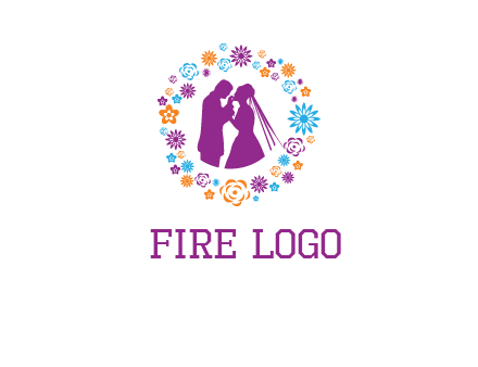 bride and groom in circle frame with flowers logo