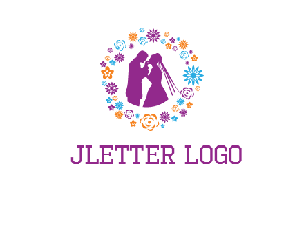bride and groom in circle frame with flowers logo