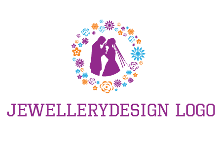 bride and groom in circle frame with flowers logo