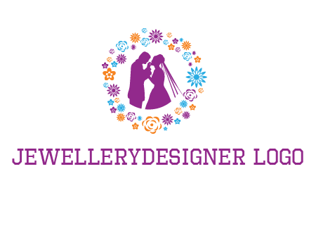 bride and groom in circle frame with flowers logo