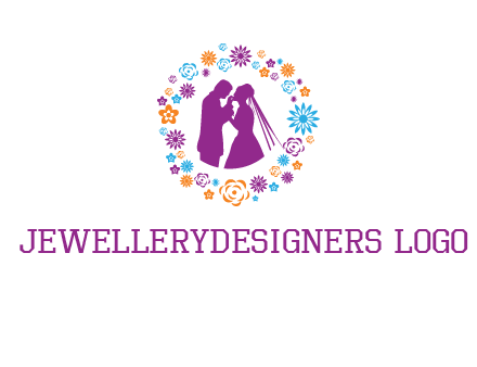 bride and groom in circle frame with flowers logo