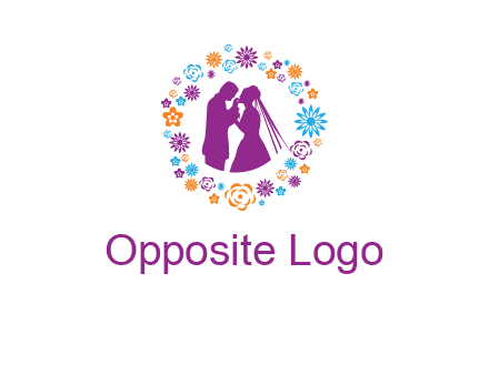 bride and groom in circle frame with flowers logo