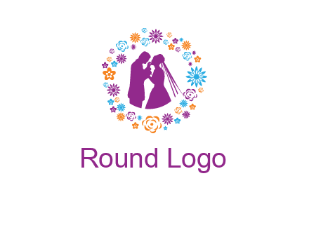 bride and groom in circle frame with flowers logo