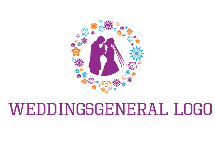 bride and groom in circle frame with flowers logo