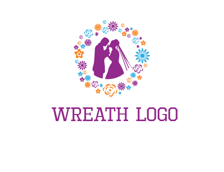 bride and groom in circle frame with flowers logo