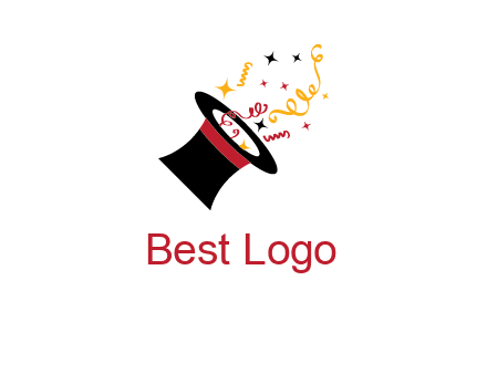 magician hat with  ribbons and stars logo