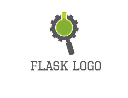 flask inside gear magnifying glass research engineering logo