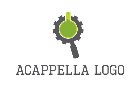 flask inside gear magnifying glass research engineering logo
