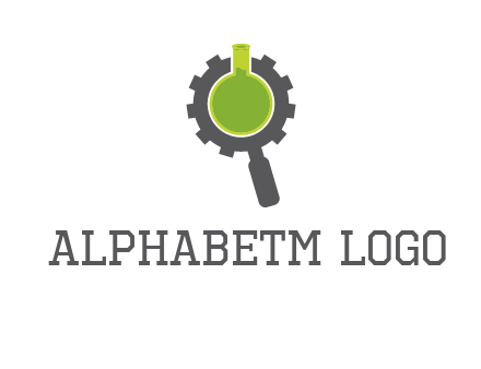 flask inside gear magnifying glass research engineering logo