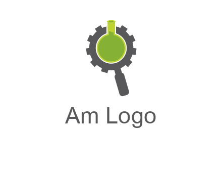 flask inside gear magnifying glass research engineering logo