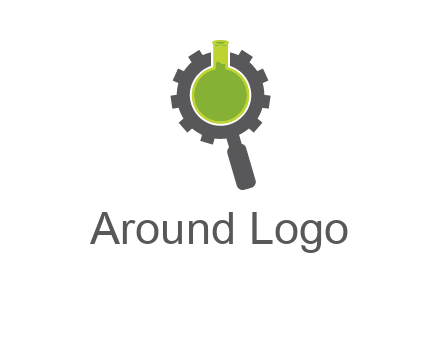flask inside gear magnifying glass research engineering logo