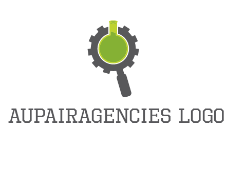 flask inside gear magnifying glass research engineering logo