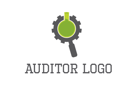 flask inside gear magnifying glass research engineering logo