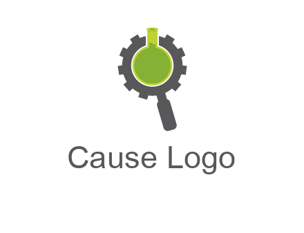 flask inside gear magnifying glass research engineering logo