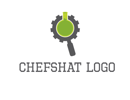 flask inside gear magnifying glass research engineering logo