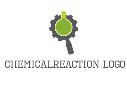 flask inside gear magnifying glass research engineering logo