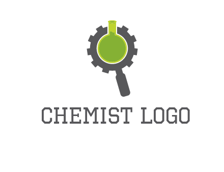 flask inside gear magnifying glass research engineering logo