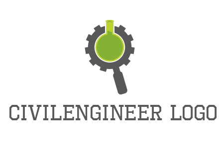flask inside gear magnifying glass research engineering logo