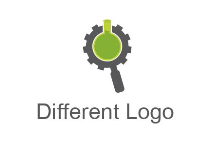 flask inside gear magnifying glass research engineering logo