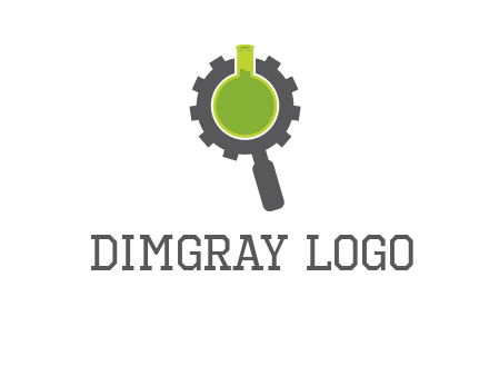 flask inside gear magnifying glass research engineering logo