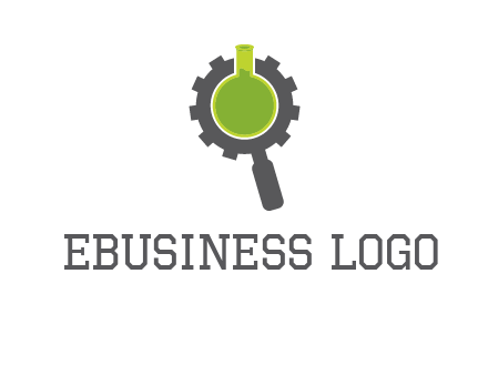 flask inside gear magnifying glass research engineering logo