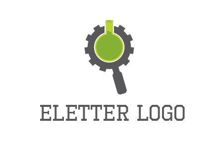 flask inside gear magnifying glass research engineering logo