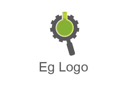 flask inside gear magnifying glass research engineering logo