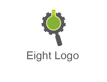 flask inside gear magnifying glass research engineering logo