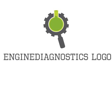 flask inside gear magnifying glass research engineering logo