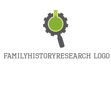 flask inside gear magnifying glass research engineering logo