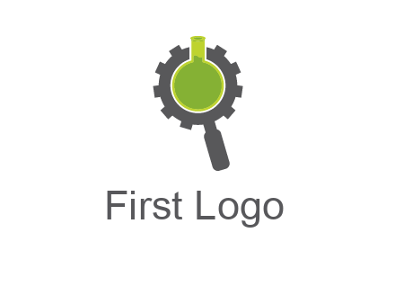 flask inside gear magnifying glass research engineering logo