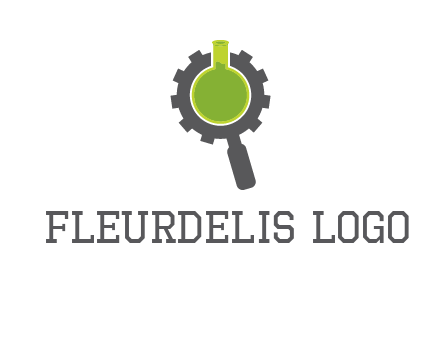 flask inside gear magnifying glass research engineering logo