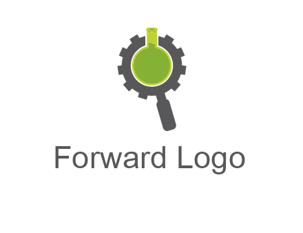 flask inside gear magnifying glass research engineering logo